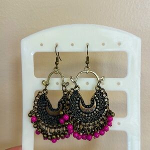 Indian style dangle earrings with pink and gold dangling balls